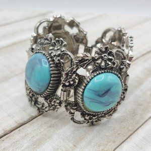Vintage Chunky Bracelet Turquoise Blue Southwest Thermoset Silver Tone